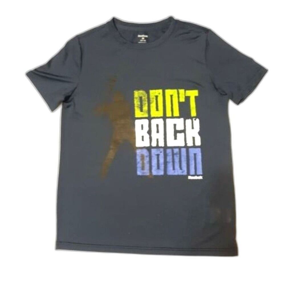 Reebok Solid Graphic Tee Shirt Boys Medium 10-12  BASEBALL DON'T BACK DOWN